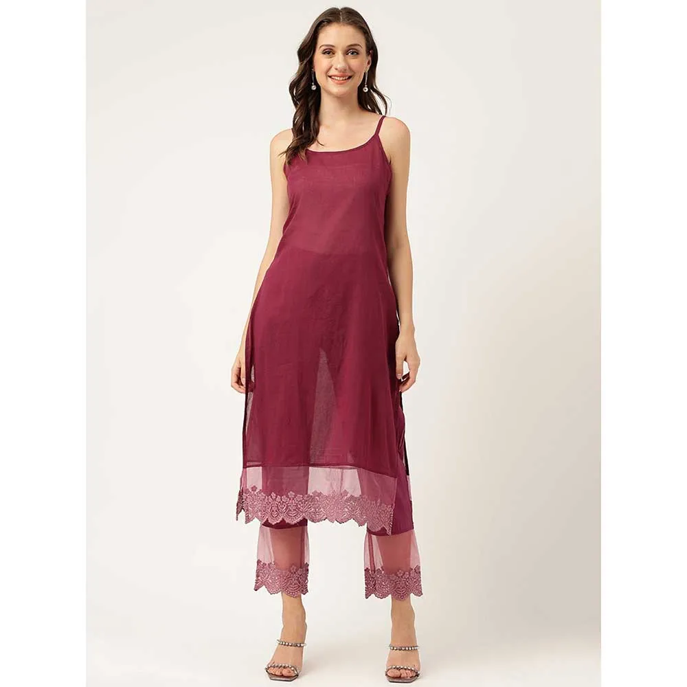 Divena Chanderi Kurta, Trouser With Inner And Dupatta- Wine (Set of 4)