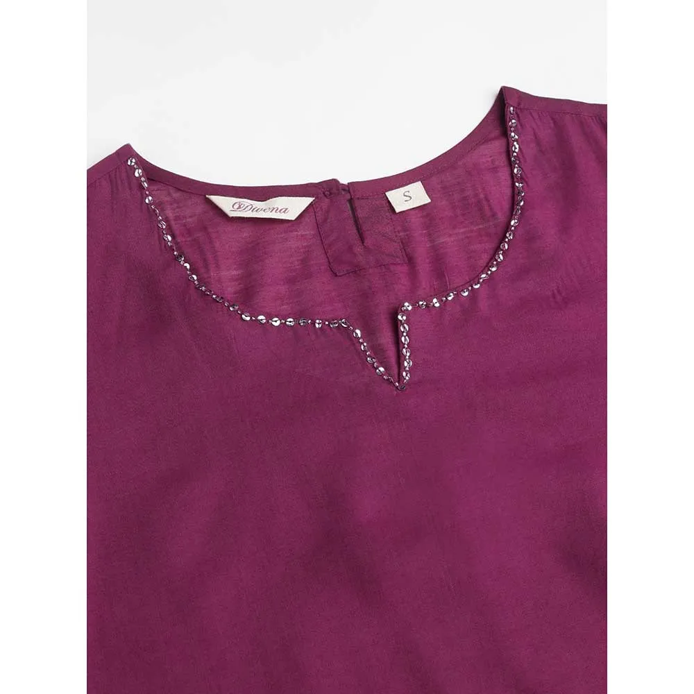 Divena Chanderi Kurta, Trouser With Inner And Dupatta- Wine (Set of 4)