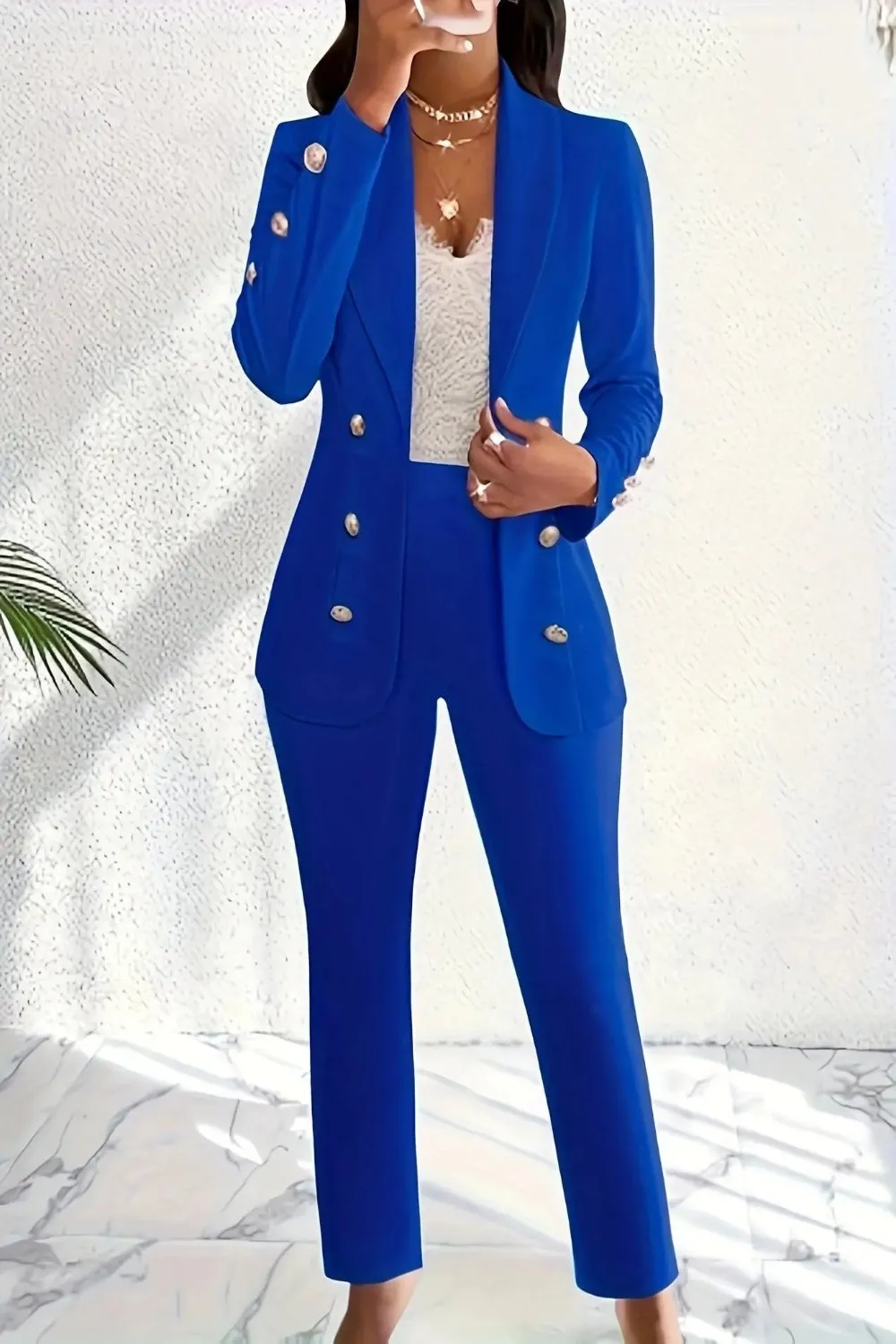 Double Breasted Shawl Collar Blazer and High Waist Pant Suit