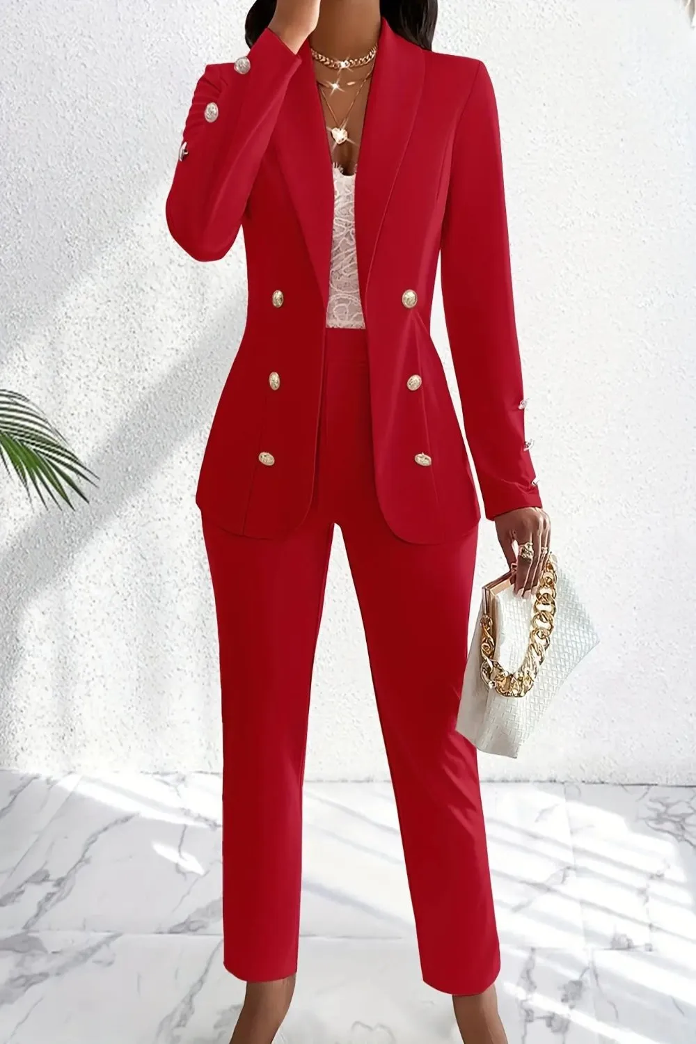 Double Breasted Shawl Collar Blazer and High Waist Pant Suit