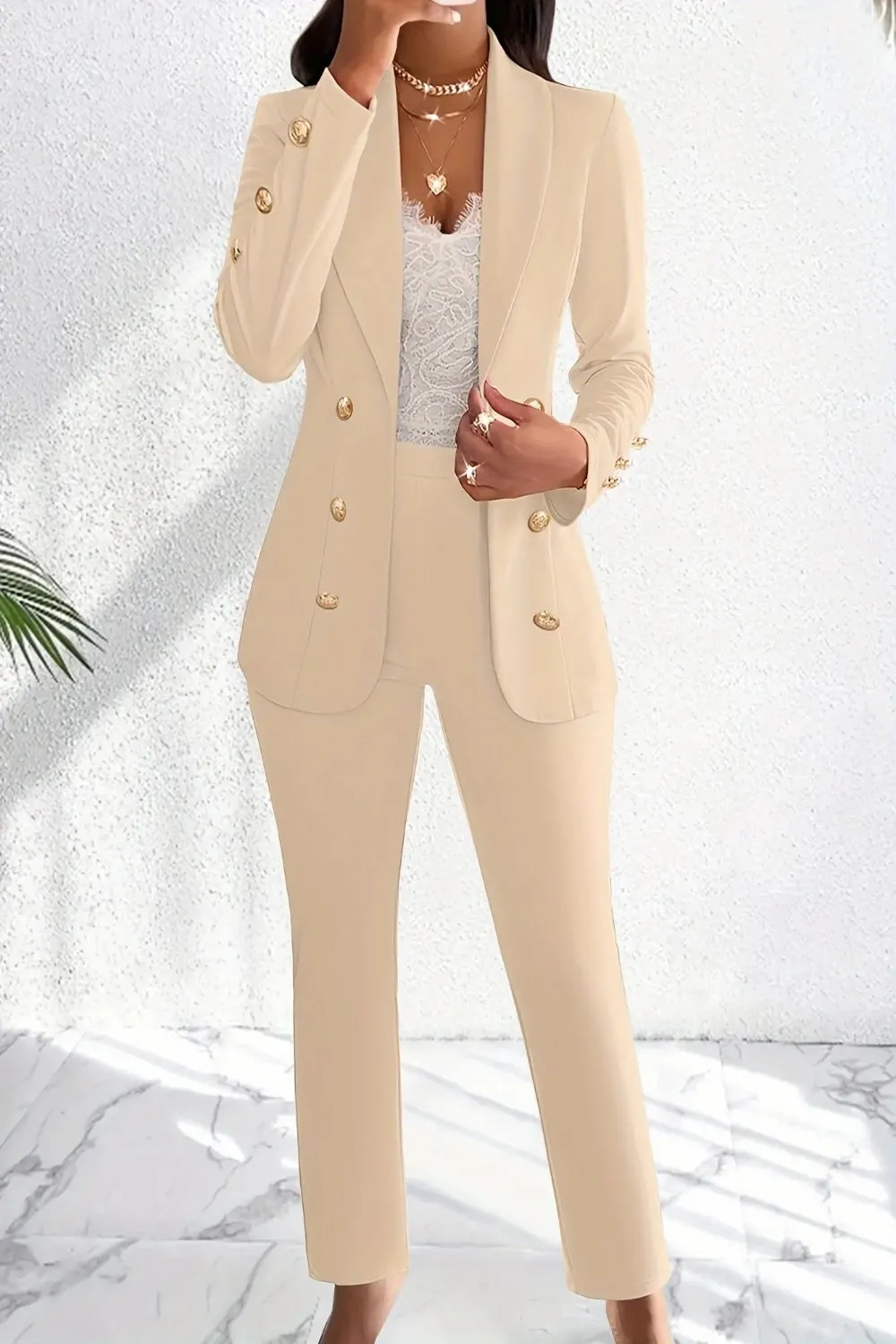 Double Breasted Shawl Collar Blazer and High Waist Pant Suit