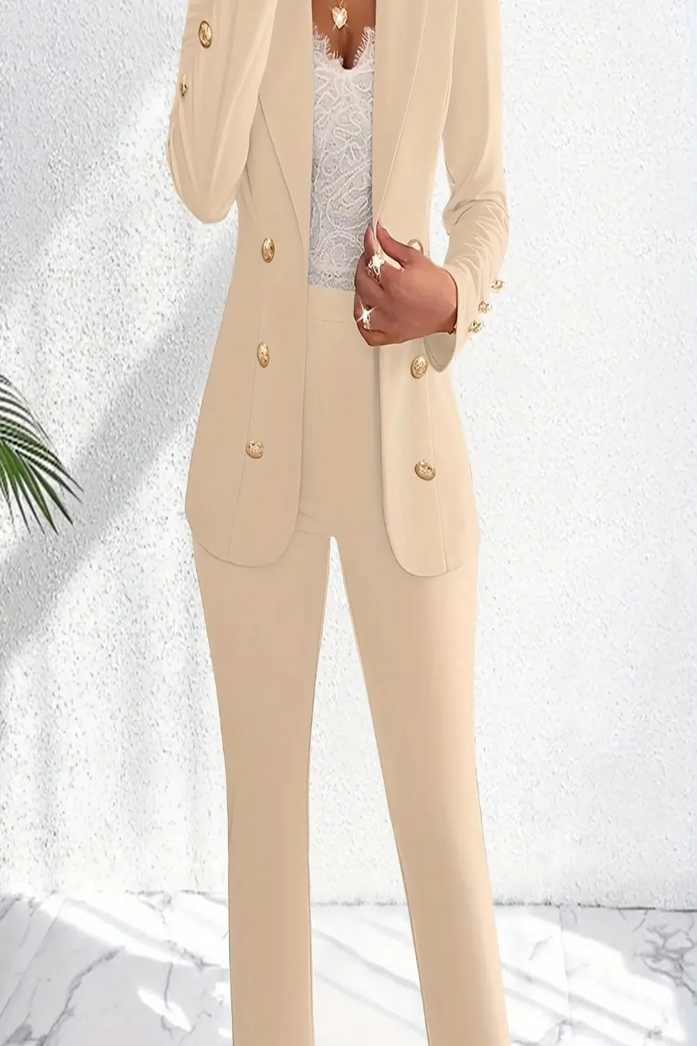 Double Breasted Shawl Collar Blazer and High Waist Pant Suit