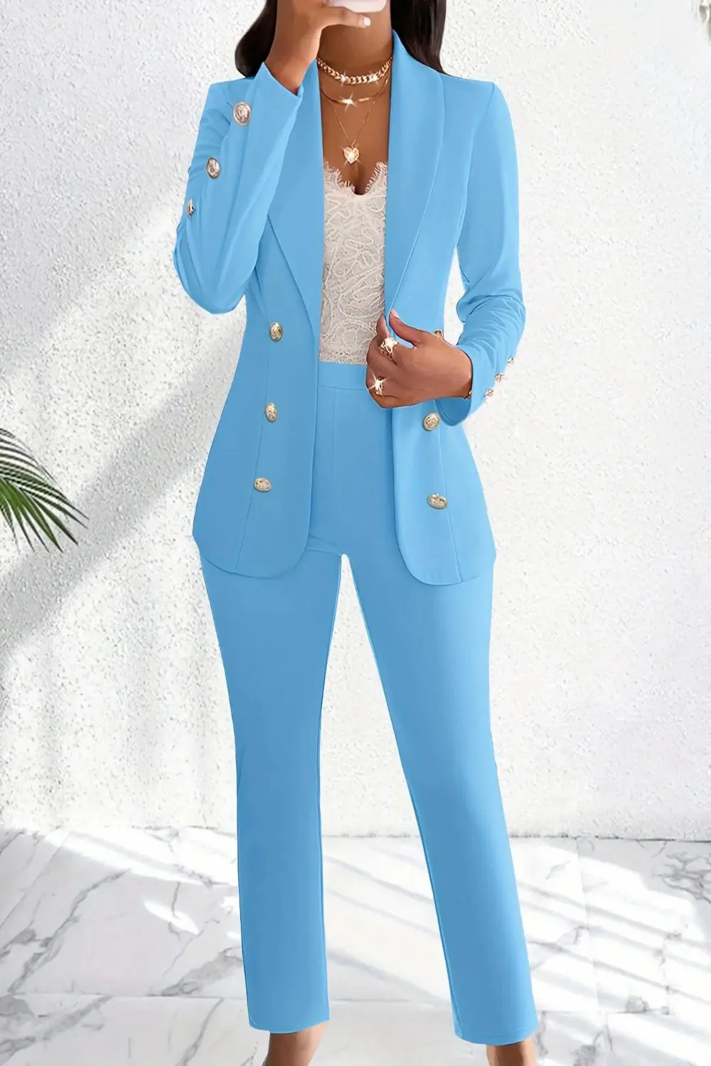 Double Breasted Shawl Collar Blazer and High Waist Pant Suit