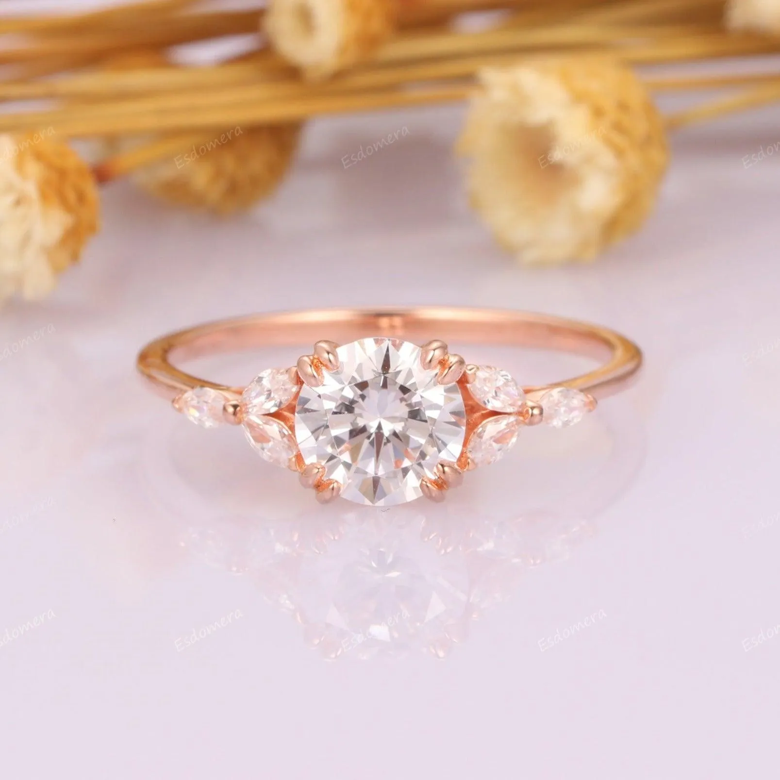 Double Prongs 1CT Round Cut Moisssanite Promise Anniversary Ring Marquise Cut Moissanites Cluster Engagement Ring