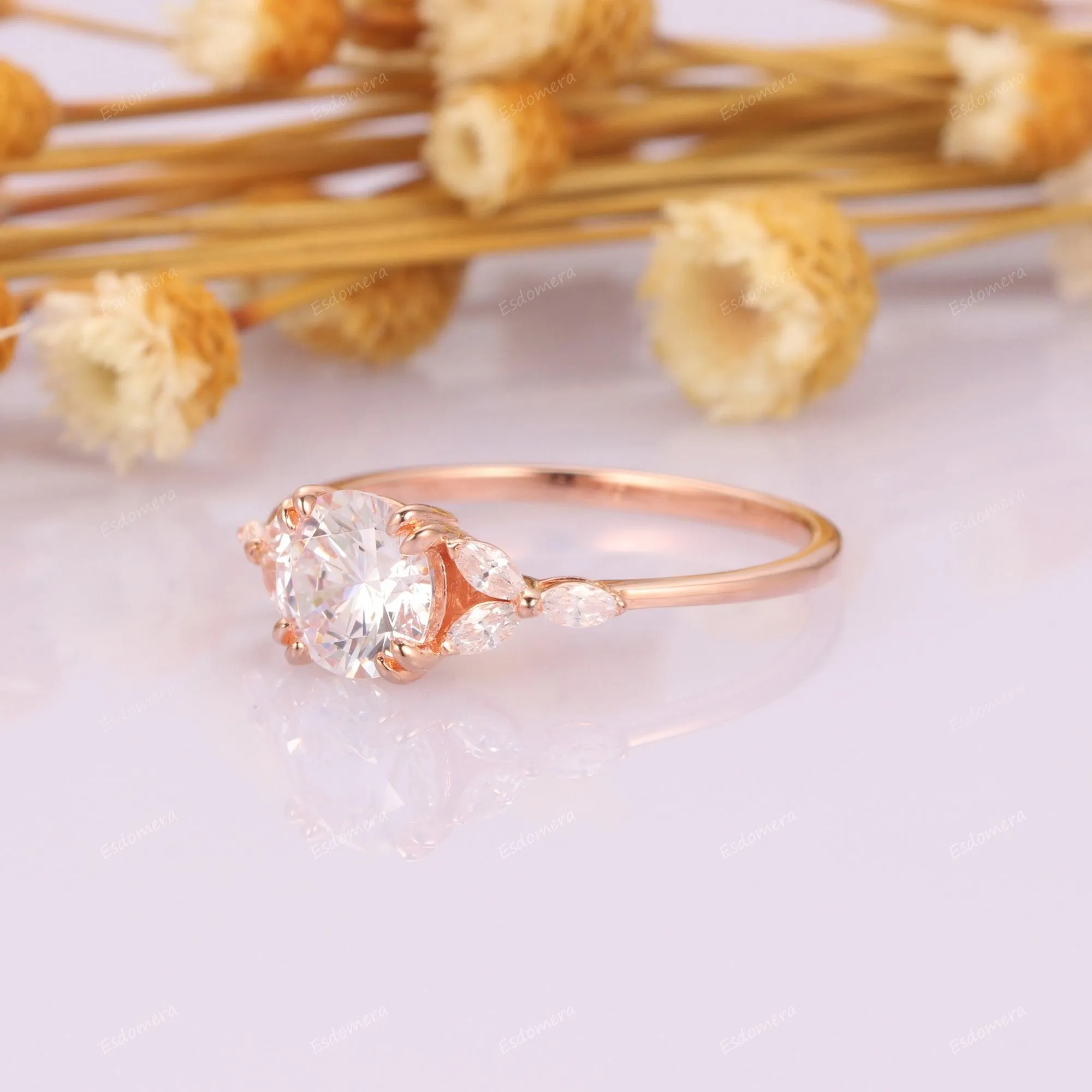 Double Prongs 1CT Round Cut Moisssanite Promise Anniversary Ring Marquise Cut Moissanites Cluster Engagement Ring