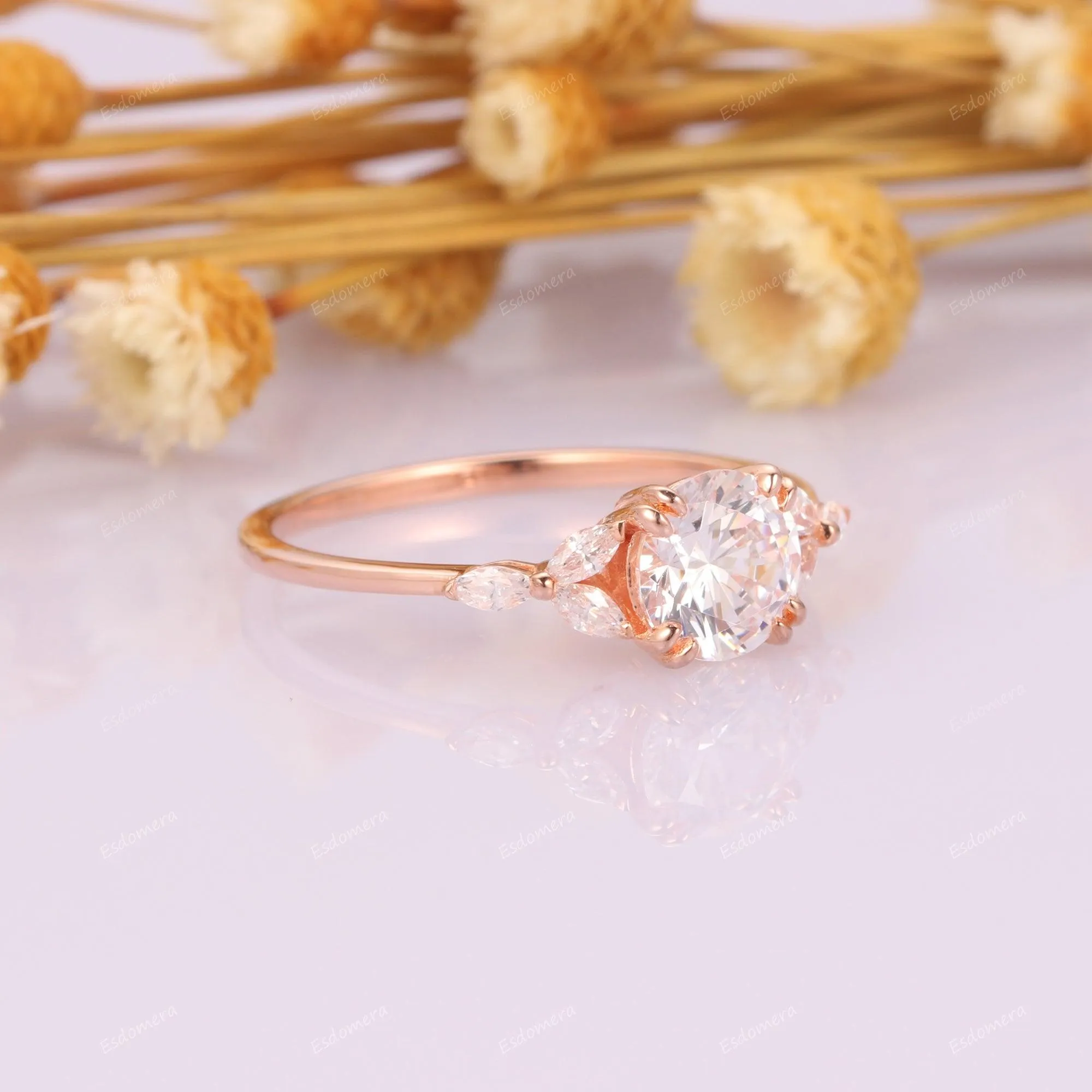 Double Prongs 1CT Round Cut Moisssanite Promise Anniversary Ring Marquise Cut Moissanites Cluster Engagement Ring