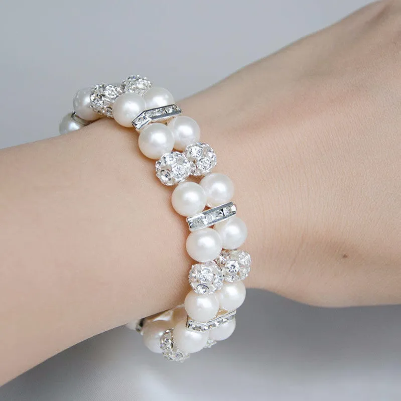 Double Rows Freshwater Pearls Sparkling Wedding Bracelet, Bridal, Bridesmaids