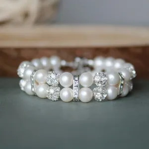 Double Rows Freshwater Pearls Sparkling Wedding Bracelet, Bridal, Bridesmaids