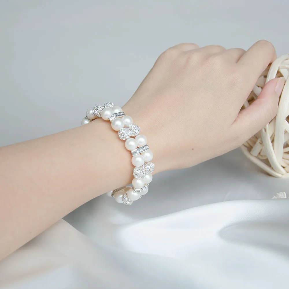 Double Rows Freshwater Pearls Sparkling Wedding Bracelet, Bridal, Bridesmaids