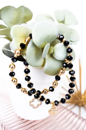 Double Trouble Quatrefoil Black Beaded Bracelet Set