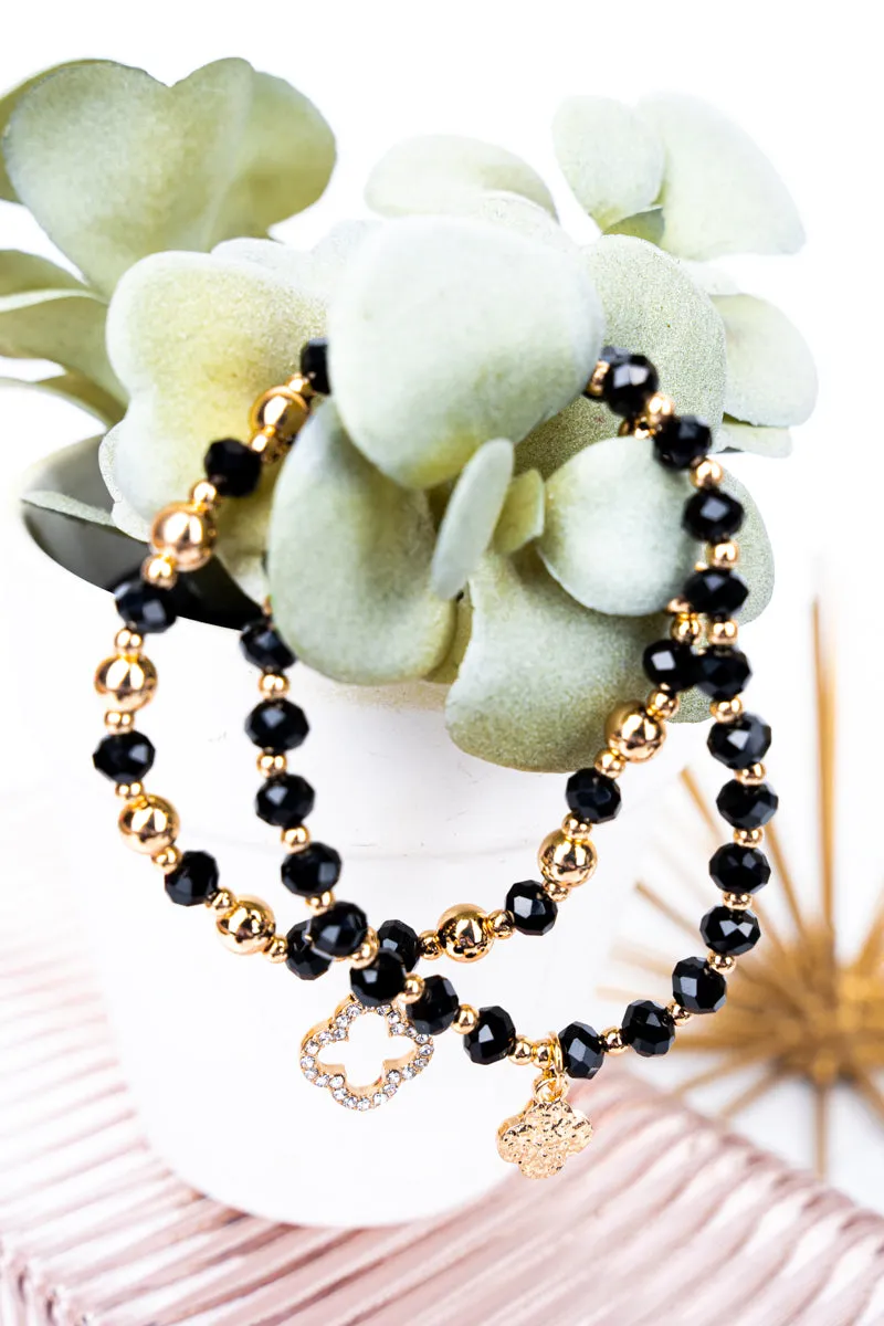 Double Trouble Quatrefoil Black Beaded Bracelet Set
