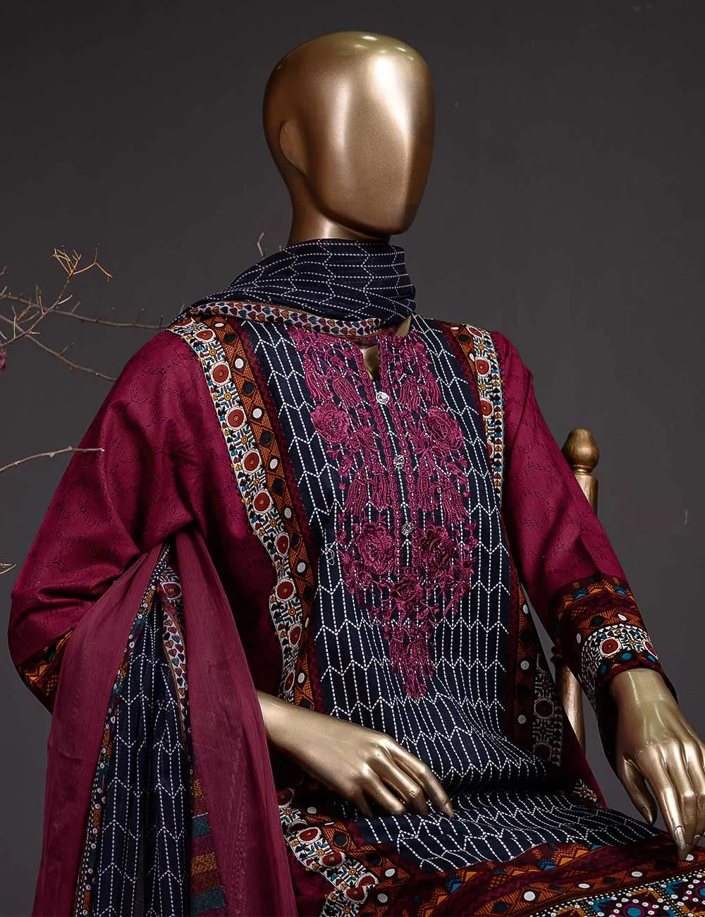 Evren (DL-3a) 3 Pc Un-stitched Embroidered Lawn Dress with Chiffon Dupatta