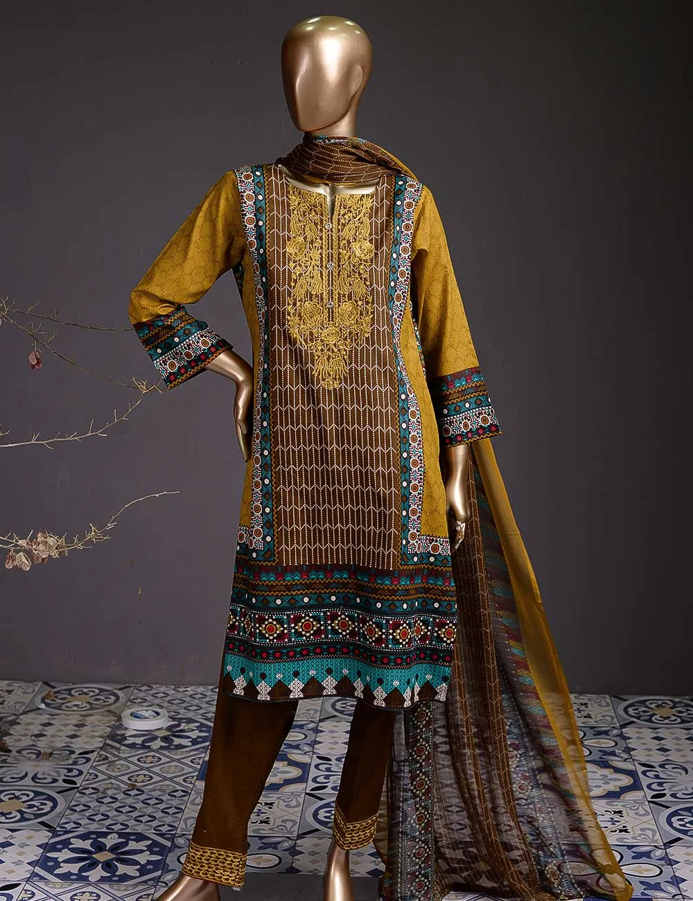 Evren (DL-3b) 3 Pc Un-stitched Embroidered Lawn Dress with Chiffon Dupatta