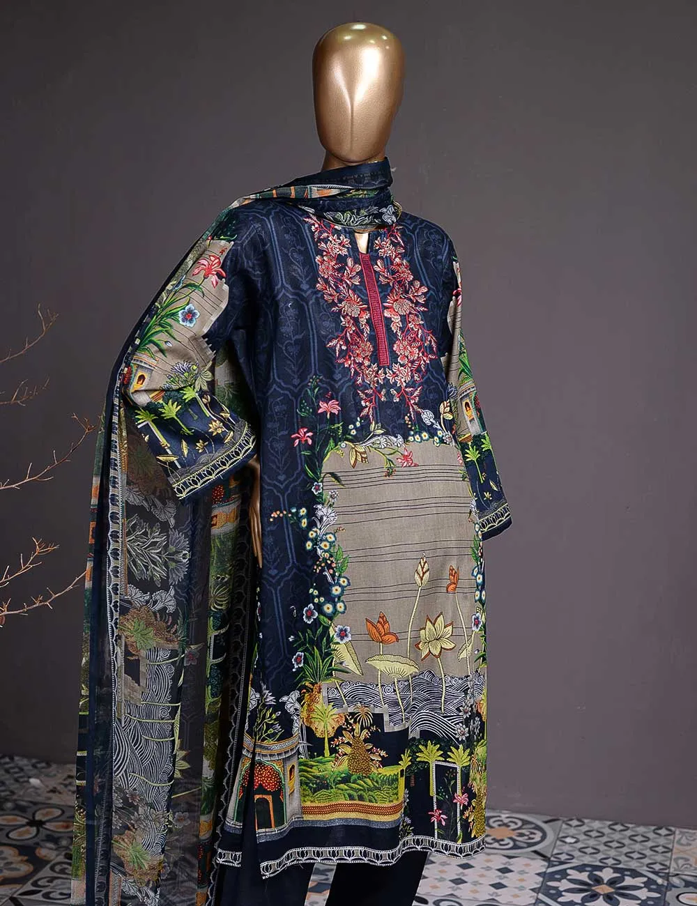 Felix (DL-2a) 3 Pc Un-stitched Embroidered Lawn Dress with Chiffon Dupatta