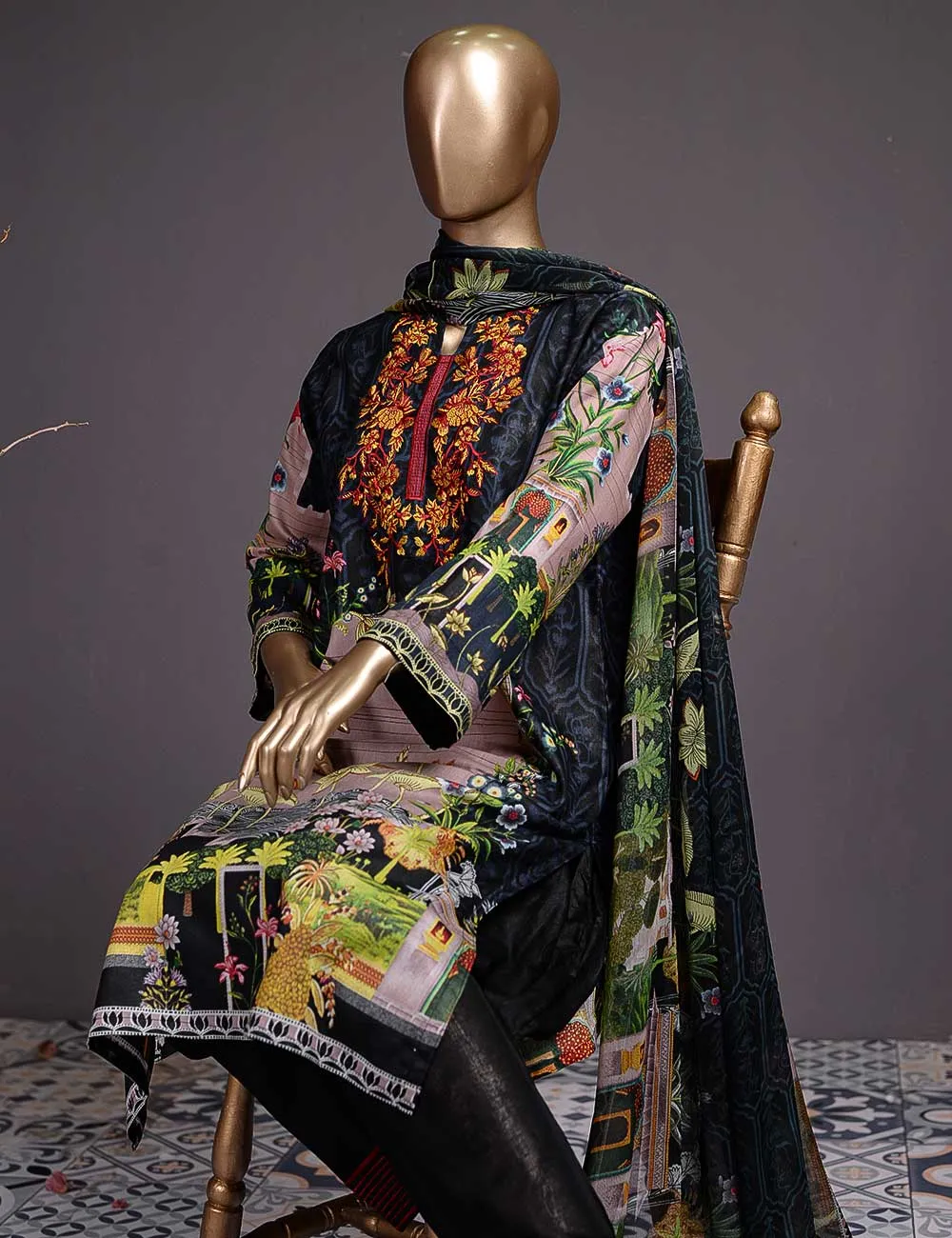 Felix (DL-2b) 3 Pc Un-stitched Embroidered Lawn Dress with Chiffon Dupatta