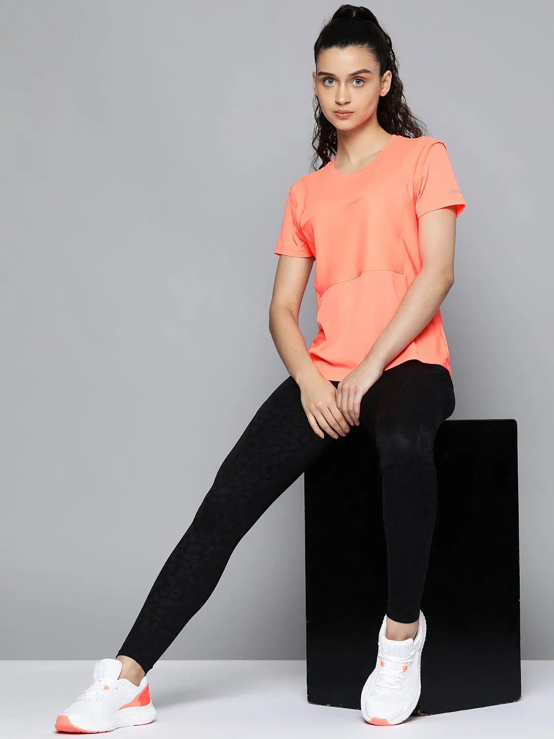 Fitkin Women Orange Self-striped Short Sleeves T-shirt