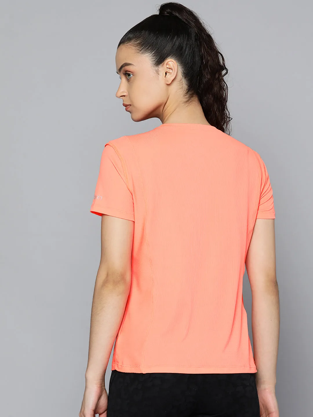 Fitkin Women Orange Self-striped Short Sleeves T-shirt