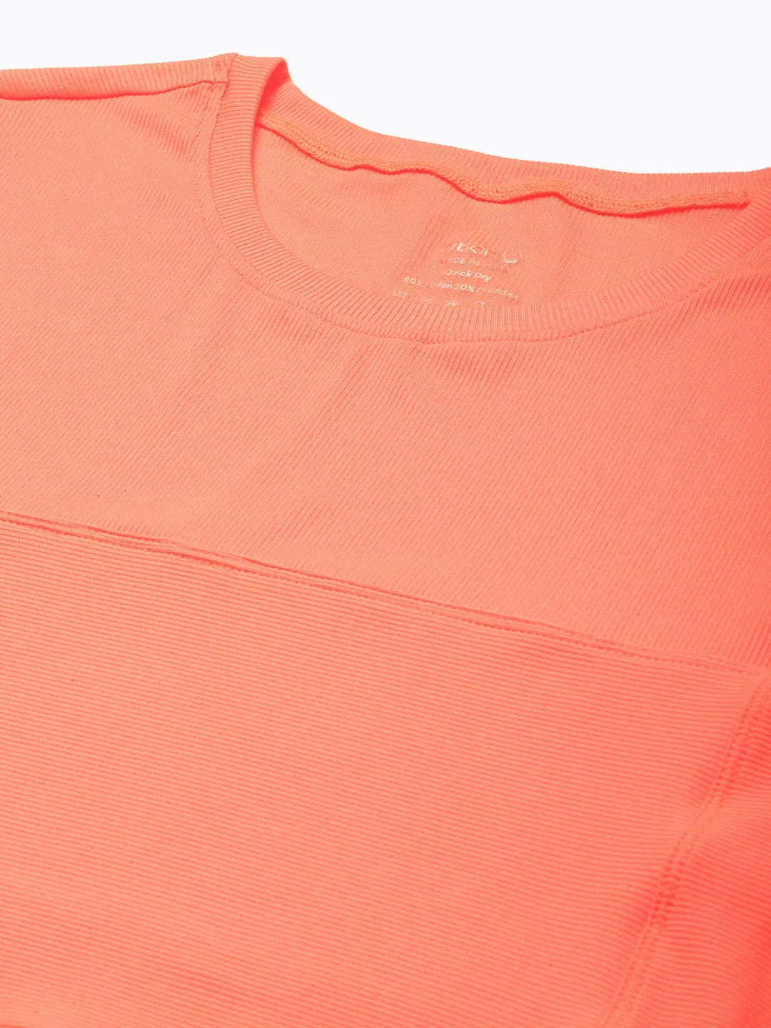 Fitkin Women Orange Self-striped Short Sleeves T-shirt