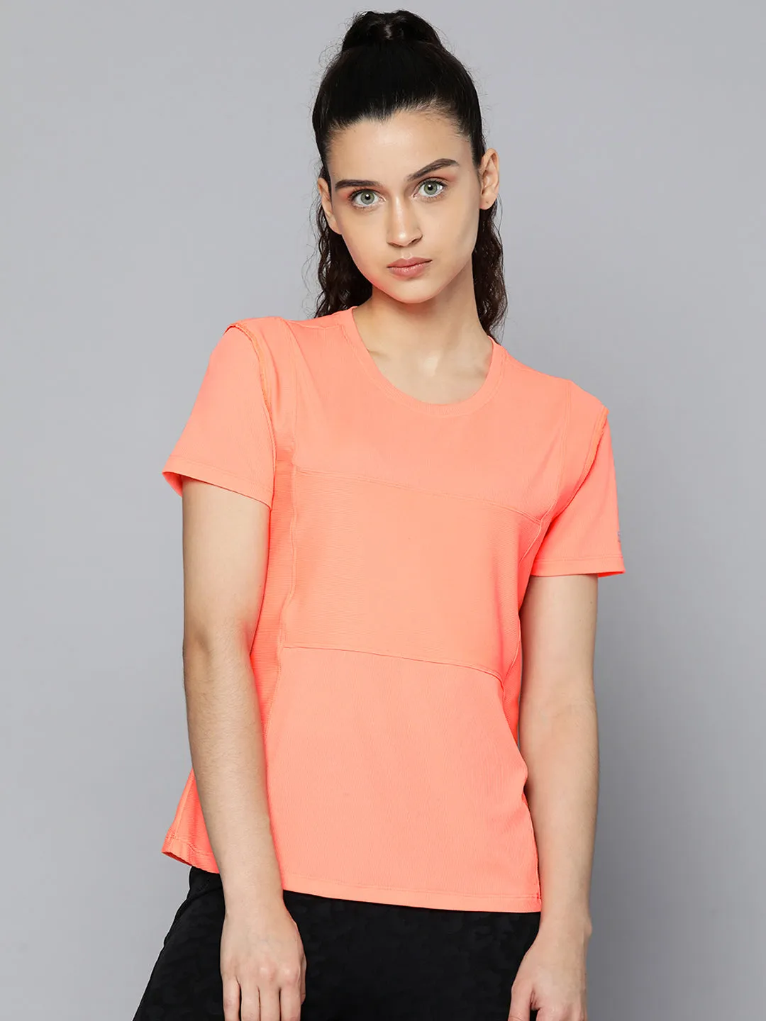 Fitkin Women Orange Self-striped Short Sleeves T-shirt