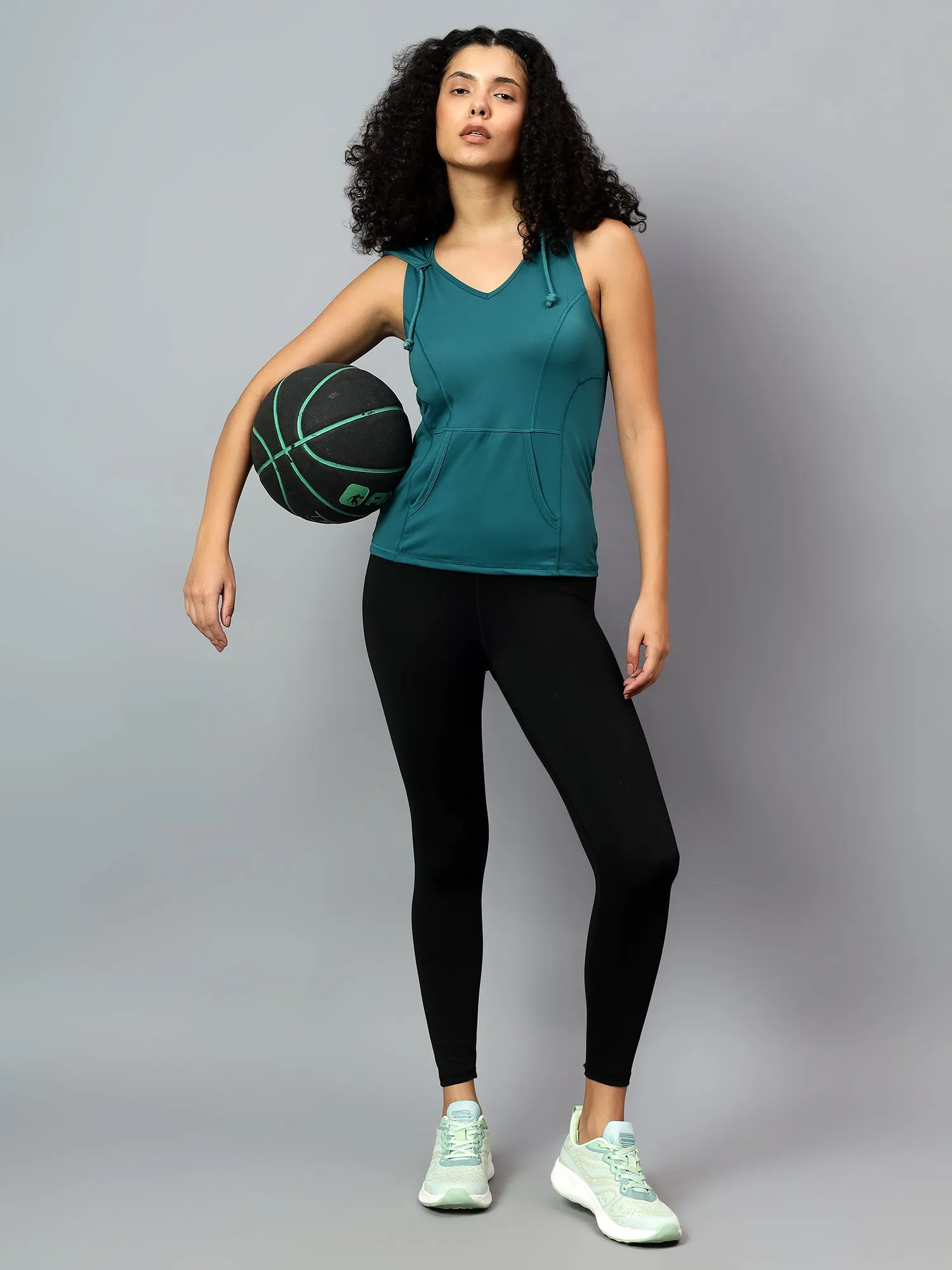 Fitkin Women's Teal Self Design Sleeveless Hooded Tank Top