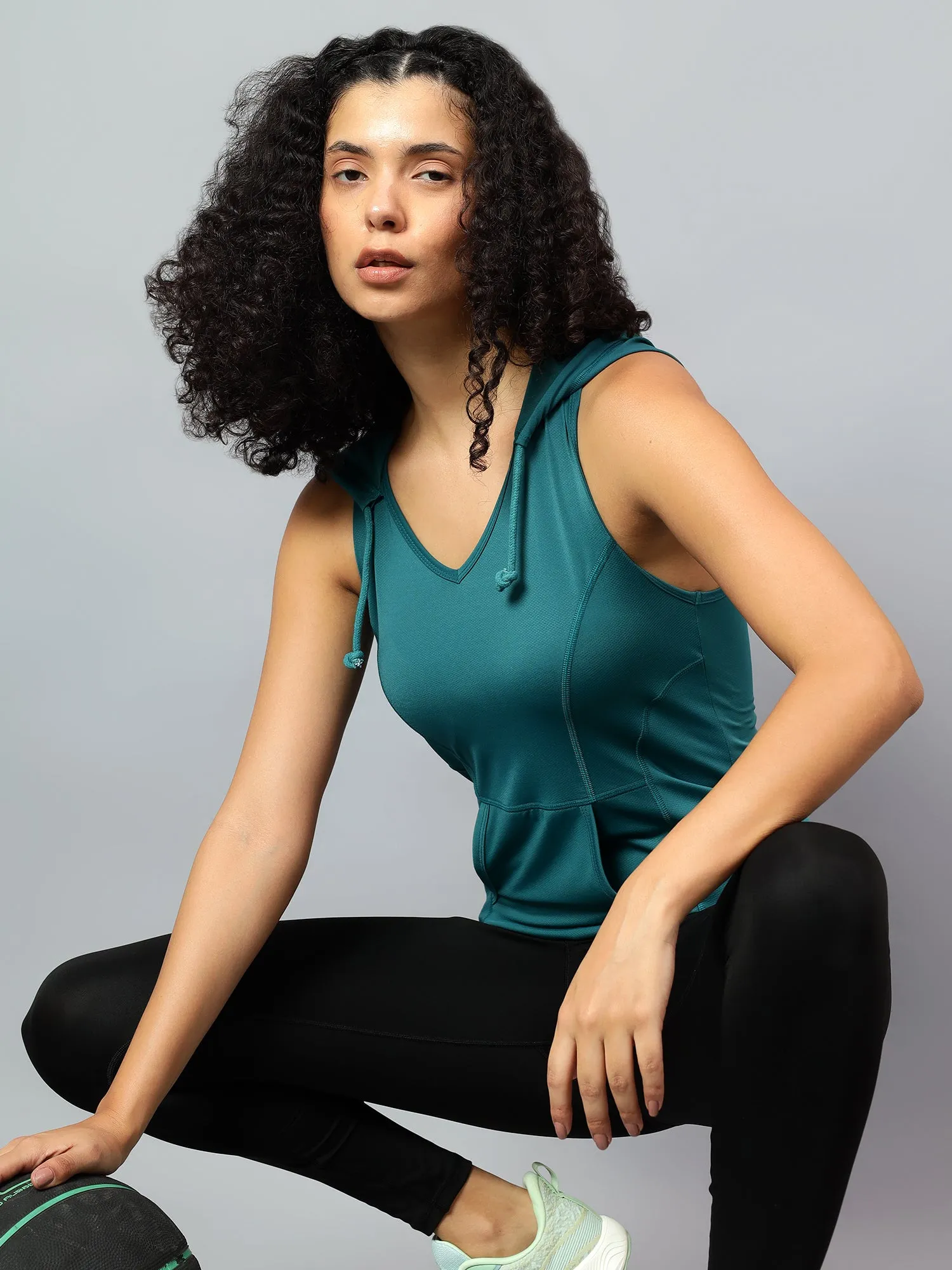 Fitkin Women's Teal Self Design Sleeveless Hooded Tank Top