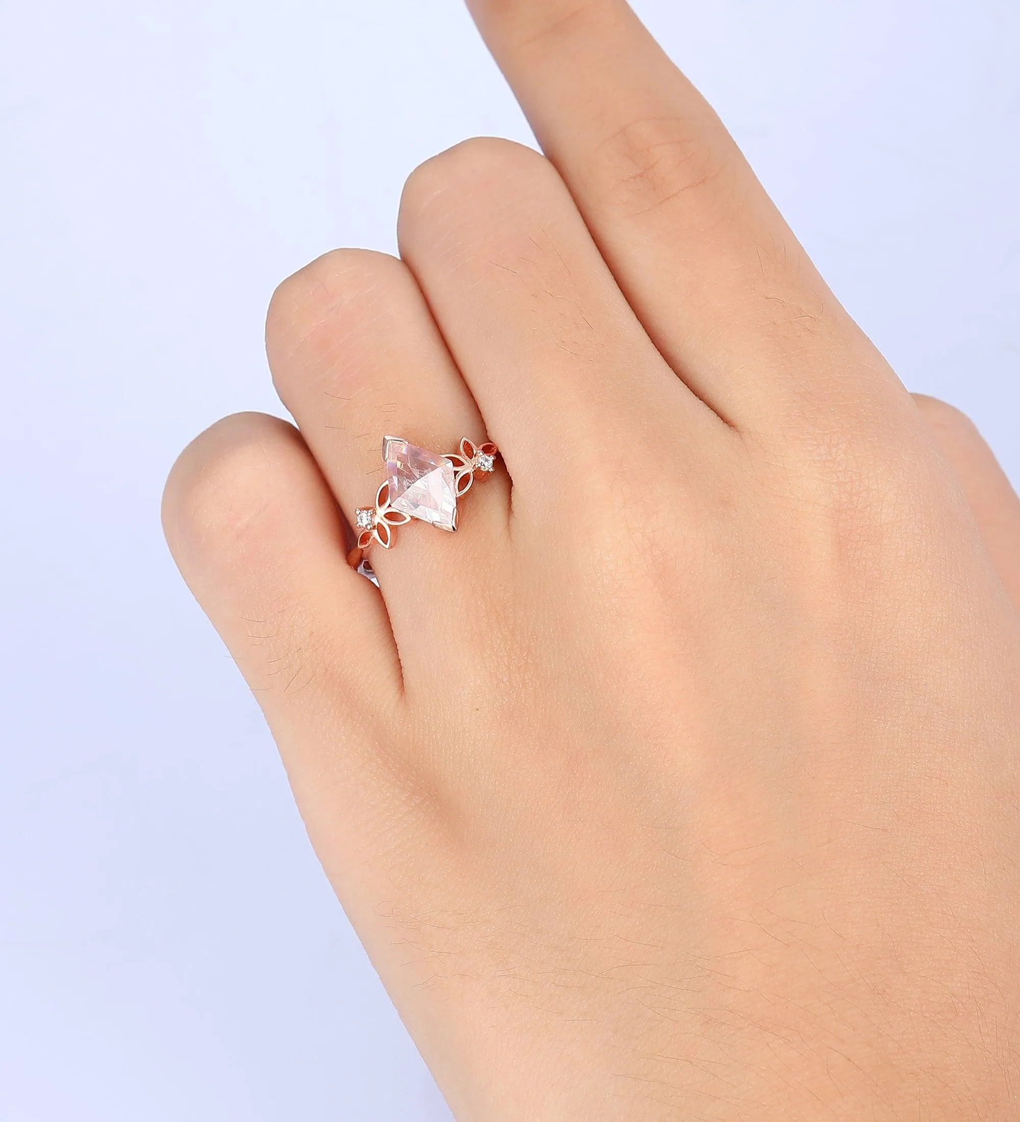 Floral Cluster  Rhombus Shaped Moissanite Unique Rose Gold Wedding Ring