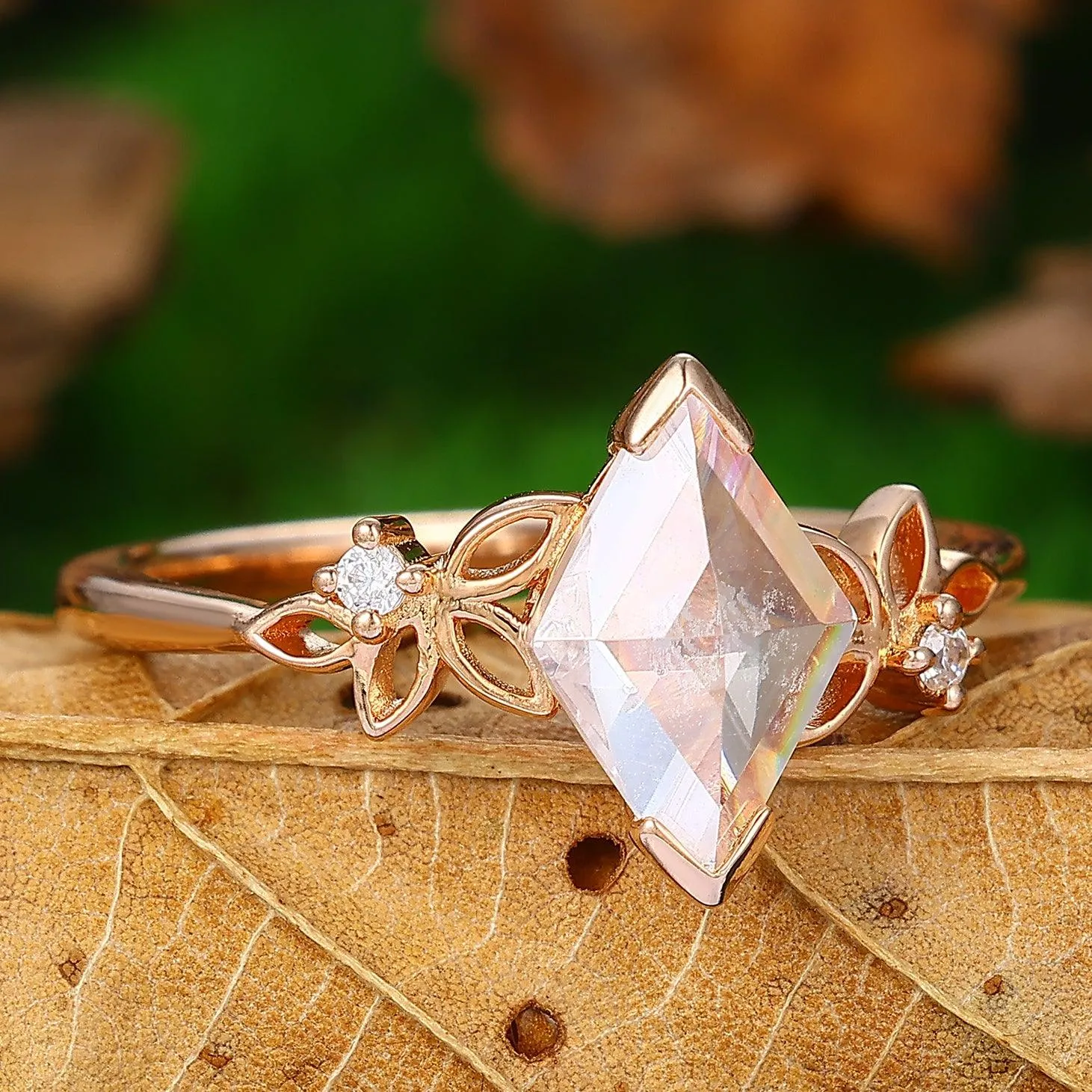Floral Cluster  Rhombus Shaped Moissanite Unique Rose Gold Wedding Ring
