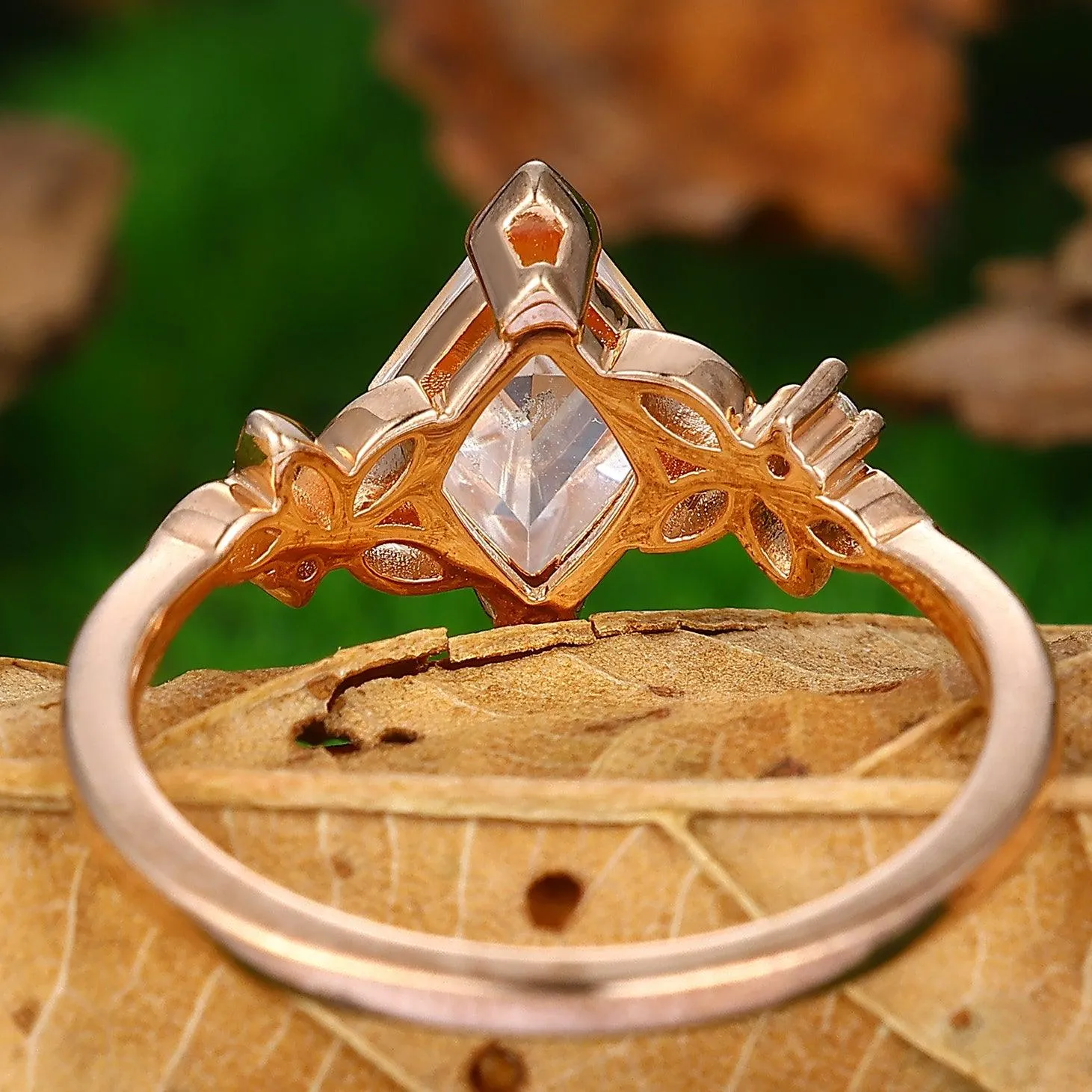 Floral Cluster  Rhombus Shaped Moissanite Unique Rose Gold Wedding Ring