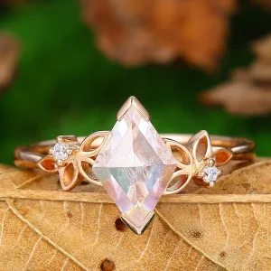 Floral Cluster  Rhombus Shaped Moissanite Unique Rose Gold Wedding Ring