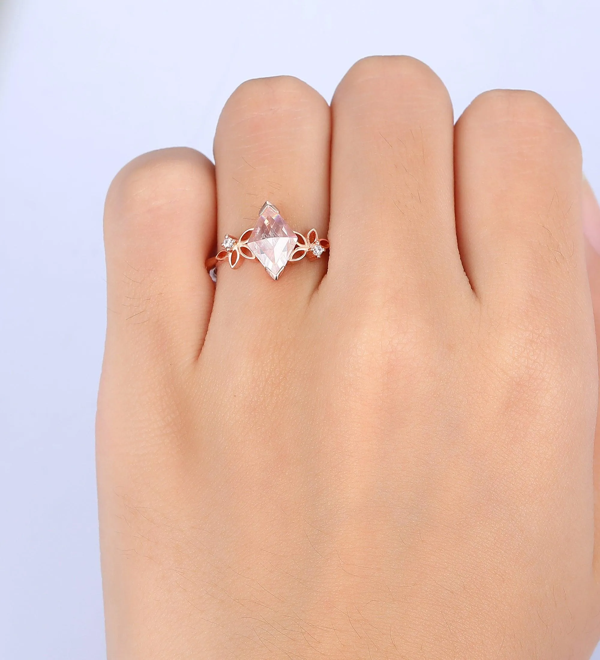 Floral Cluster  Rhombus Shaped Moissanite Unique Rose Gold Wedding Ring