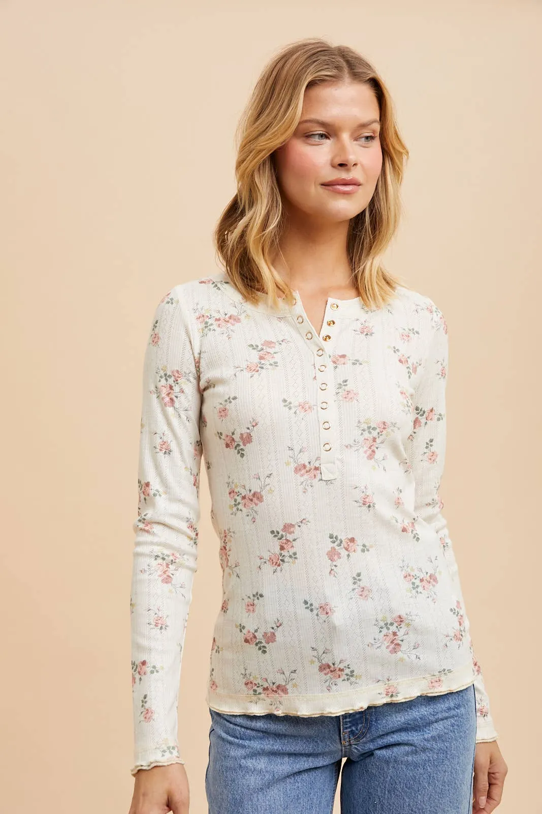 FLORAL HENLEY SNAP LONG SLEEVE TOP