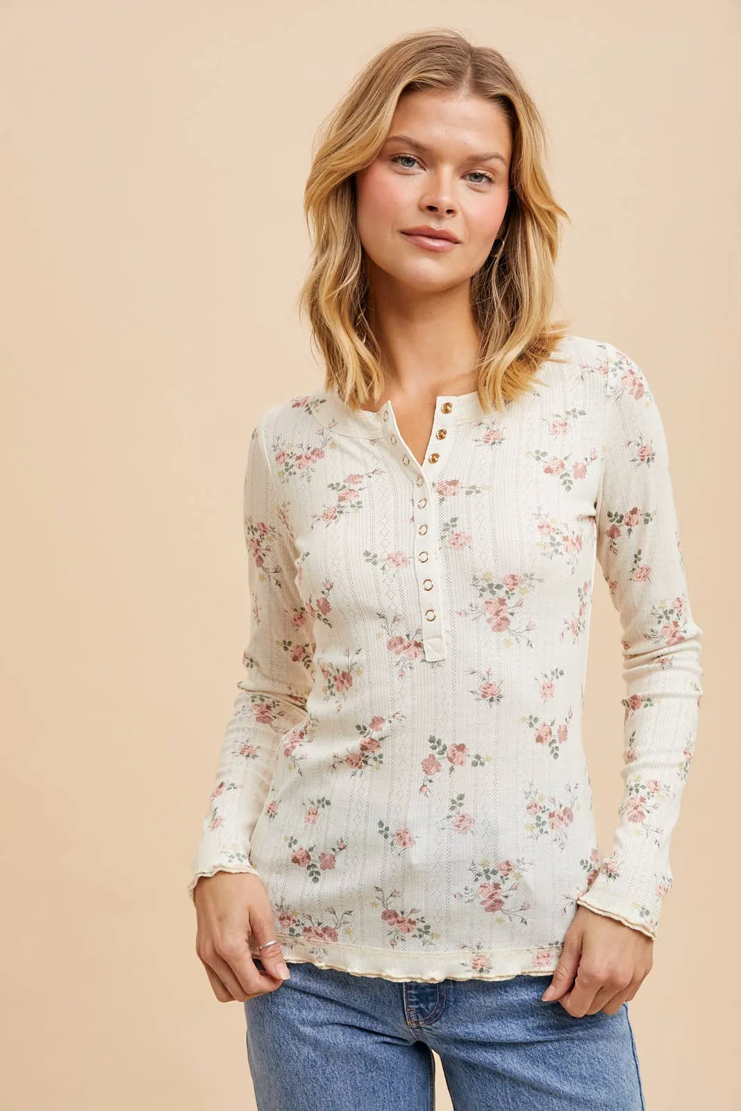 FLORAL HENLEY SNAP LONG SLEEVE TOP