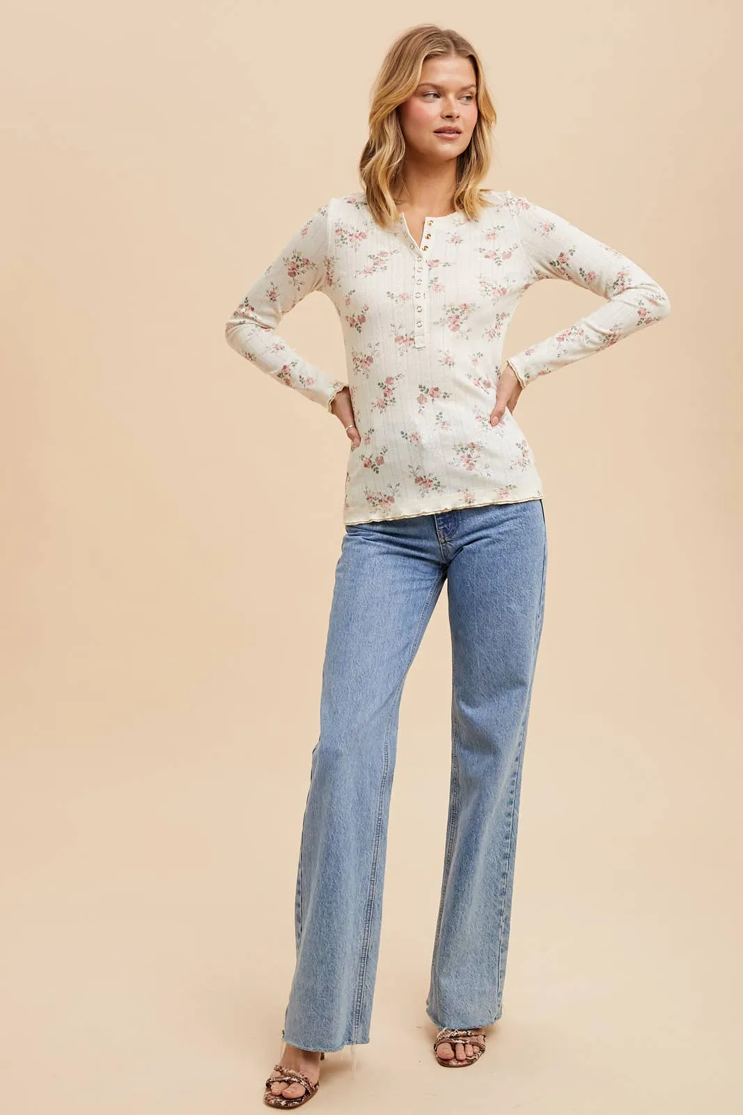 FLORAL HENLEY SNAP LONG SLEEVE TOP