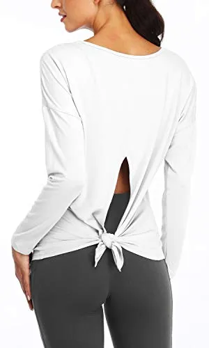 Fofitness Women's Running Long Sleeve T Shirt Workout Knotting Back Tee Activewear Top White