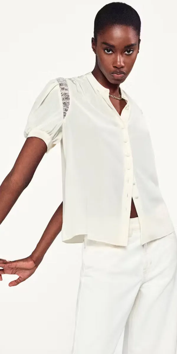 FRAME Lace Shoulder Inset Blouse