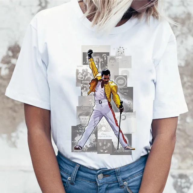 Freddie Mercury Queen Band T Shirt Women Harajuku Vintage Ullzang T-shirt Fashion Queen Tshirt 90s Graphic Rock Top Tees Female