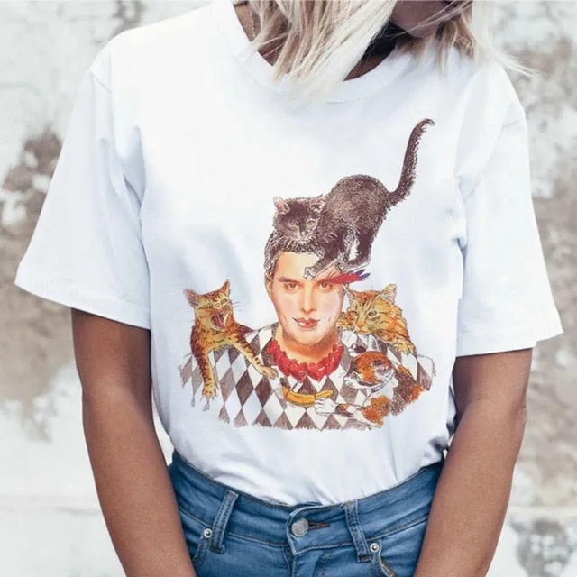 Freddie Mercury Queen Band T Shirt Women Harajuku Vintage Ullzang T-shirt Fashion Queen Tshirt 90s Graphic Rock Top Tees Female