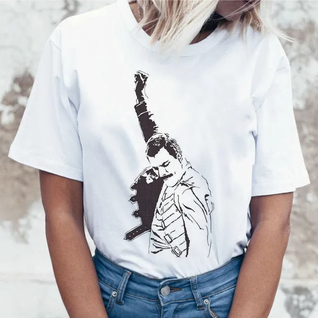 Freddie Mercury Queen Band T Shirt Women Harajuku Vintage Ullzang T-shirt Fashion Queen Tshirt 90s Graphic Rock Top Tees Female