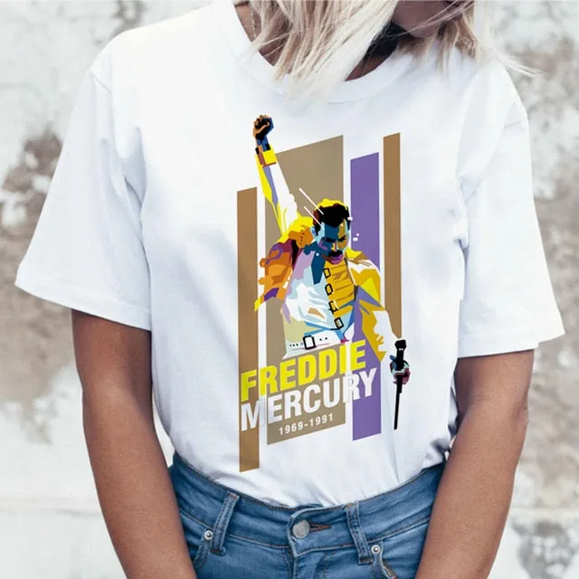 Freddie Mercury Queen Band T Shirt Women Harajuku Vintage Ullzang T-shirt Fashion Queen Tshirt 90s Graphic Rock Top Tees Female