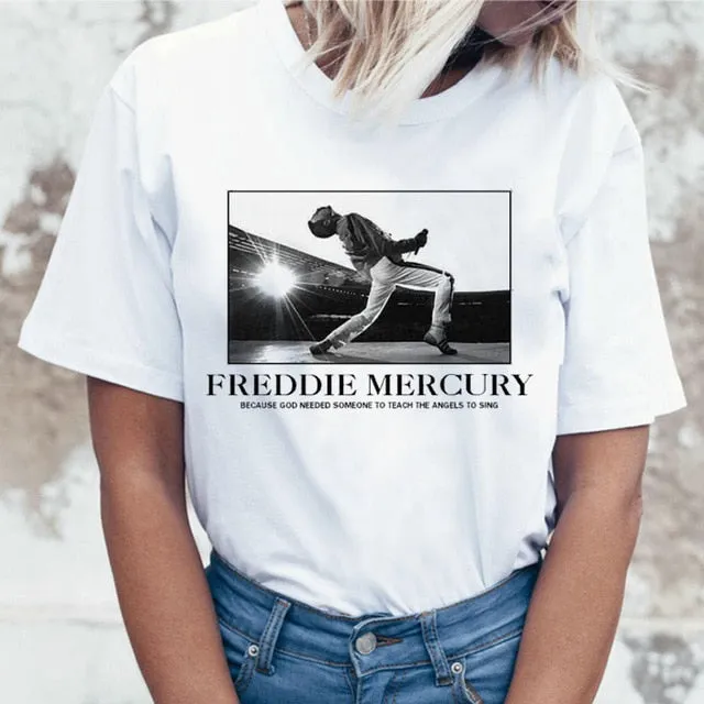 Freddie Mercury Queen Band T Shirt Women Harajuku Vintage Ullzang T-shirt Fashion Queen Tshirt 90s Graphic Rock Top Tees Female