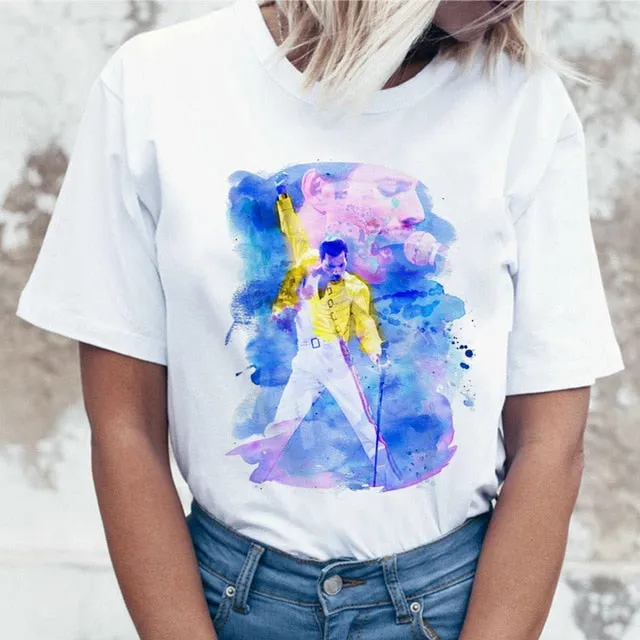 Freddie Mercury Queen Band T Shirt Women Harajuku Vintage Ullzang T-shirt Fashion Queen Tshirt 90s Graphic Rock Top Tees Female