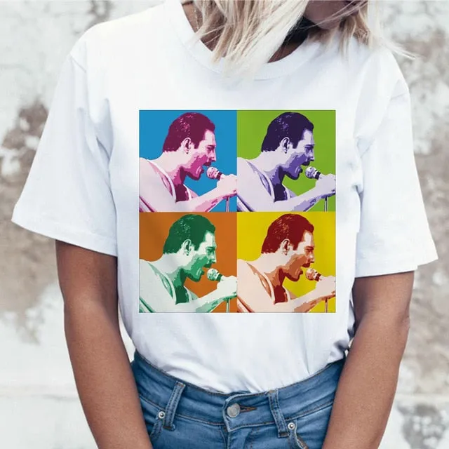 Freddie Mercury Queen Band T Shirt Women Harajuku Vintage Ullzang T-shirt Fashion Queen Tshirt 90s Graphic Rock Top Tees Female