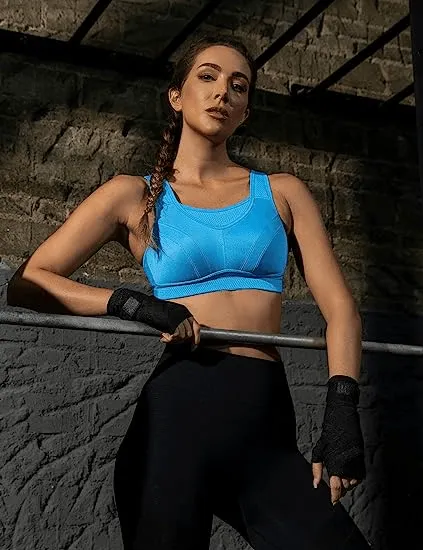 Full Coverage High Support Solid Sports Bra Blue