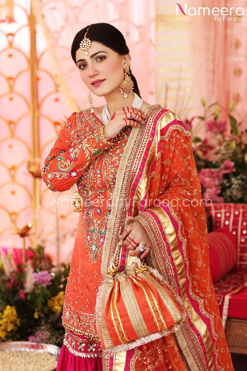 Gharara Pakistani with Orange Kameez and Dupatta #BS648