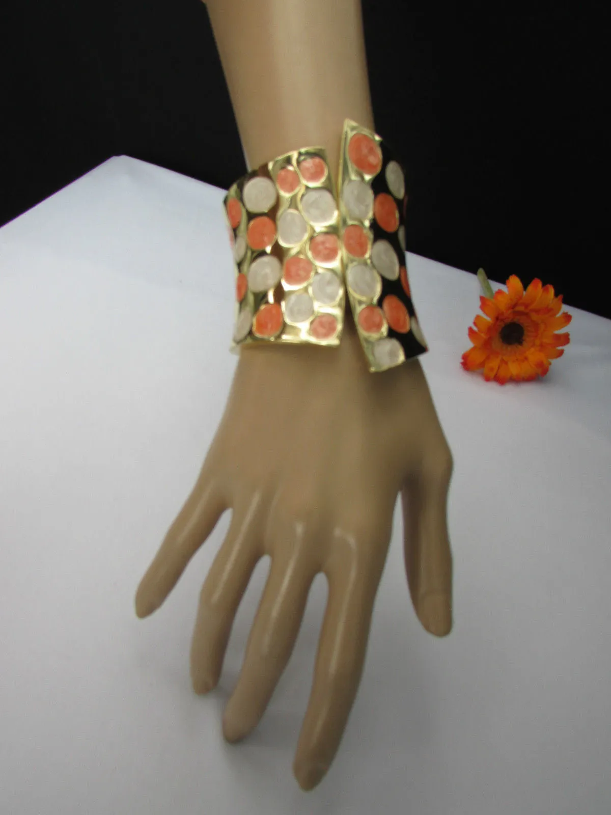 Gold Metal Wide Cuff Bracelet Claws White Peach Polka Dots Accessories