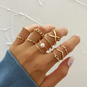 Gold Plated 10 Piece Infinity Chain Pearl Cross Ring Set