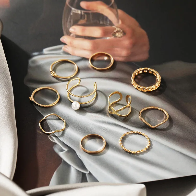 Gold Plated 10 Piece Infinity Chain Pearl Cross Ring Set