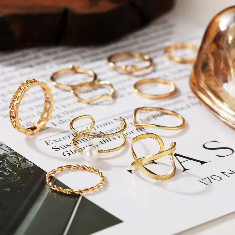 Gold Plated 10 Piece Infinity Chain Pearl Cross Ring Set