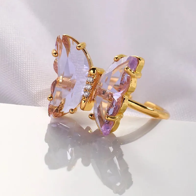 Gold Plated Crystal Butterfly Ring