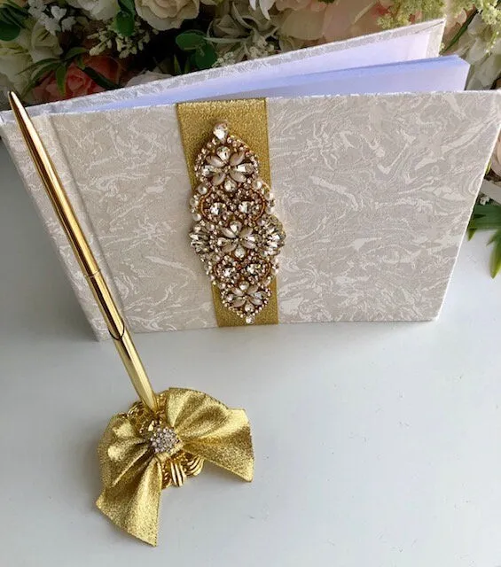 Gold Ring Pillow, Lace Ring Cushion, Gold Wedding Ring Pillow, Gold Guest Book with Pen, Ring Bearer Pillow, Ringkissen, Lace Ring Pillow